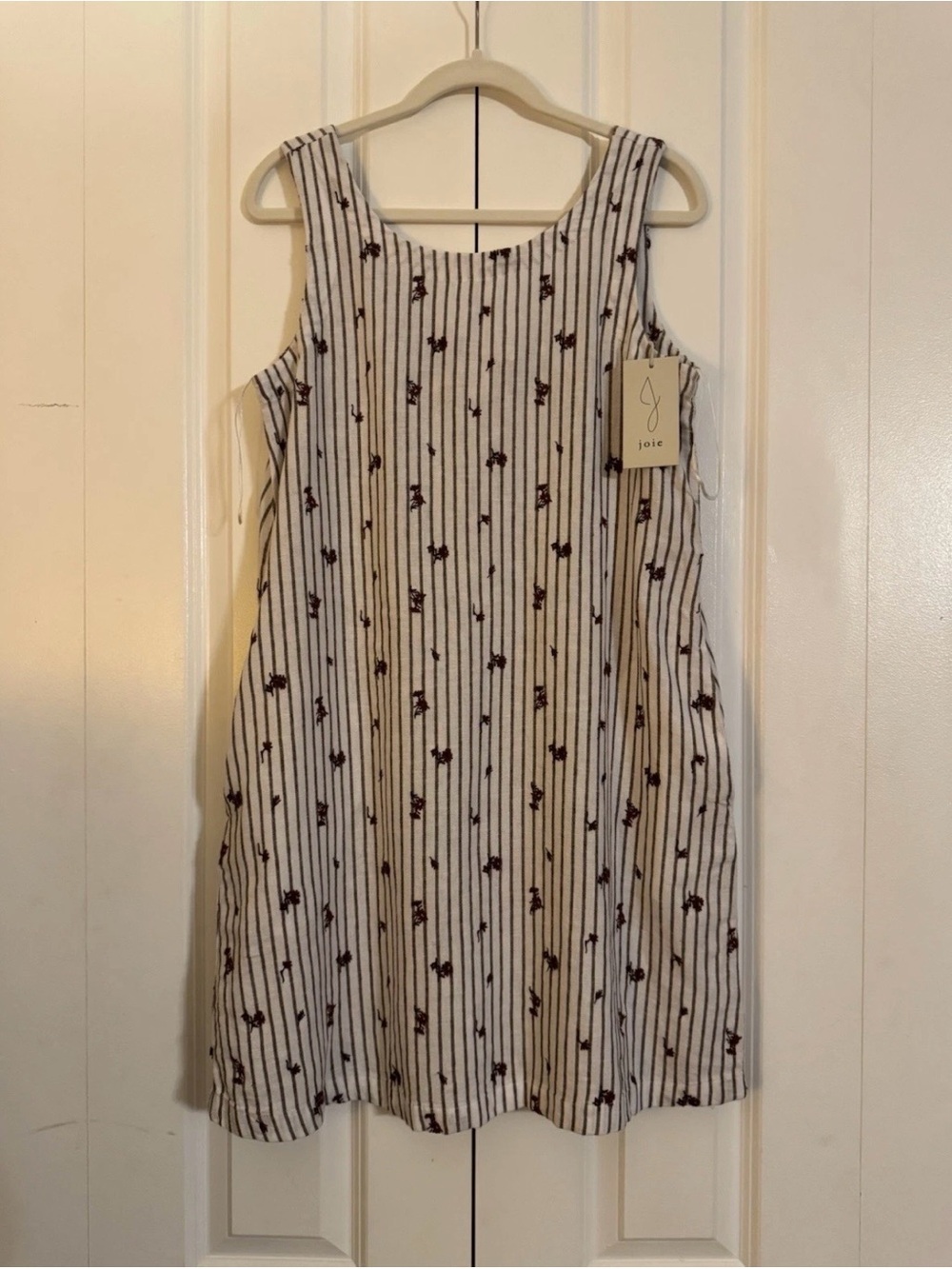 joie Linen Ivory dress with brown pinstripes & brown embroidered floral detail